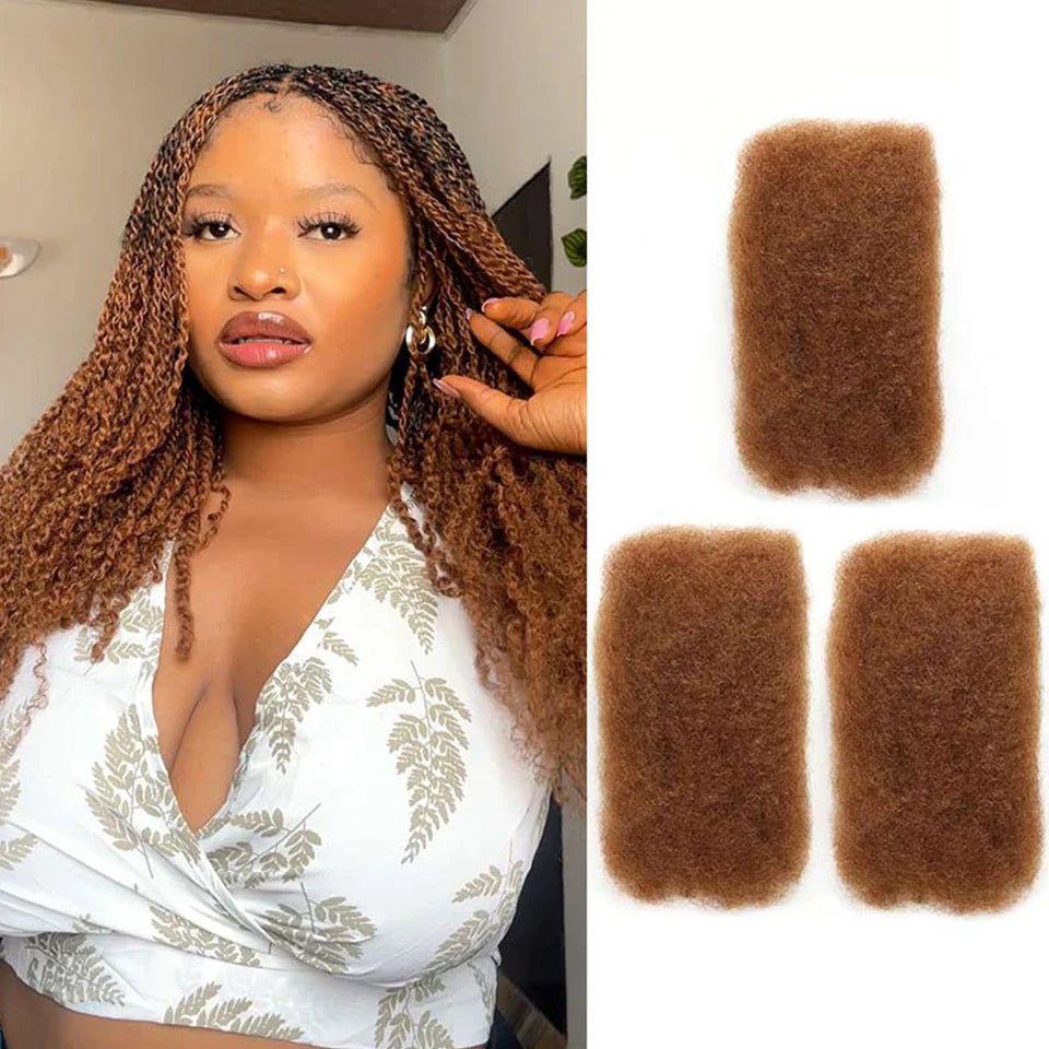 Women's kinky curly bulk braid hair extensions in brown color with a woman wearing styled kinky curly braid hairstyle