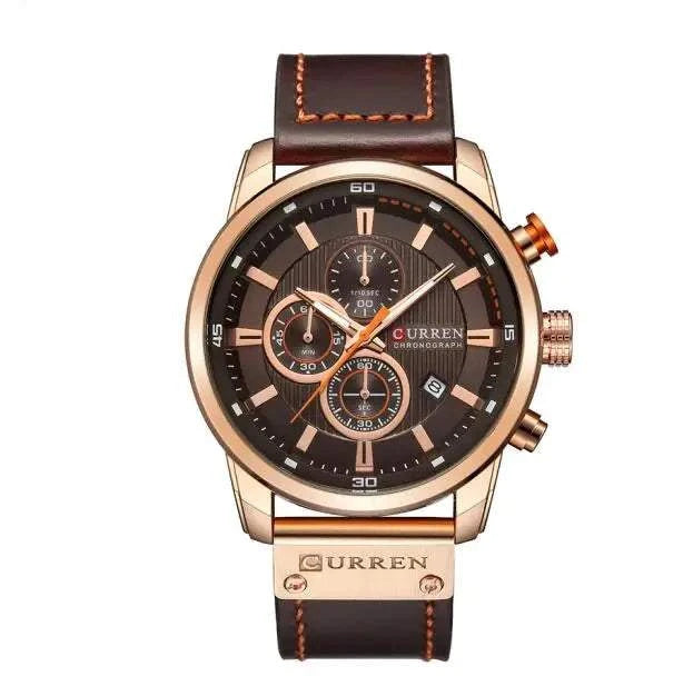 Men's leather sports chronograph watch with brown dial and stitched strap