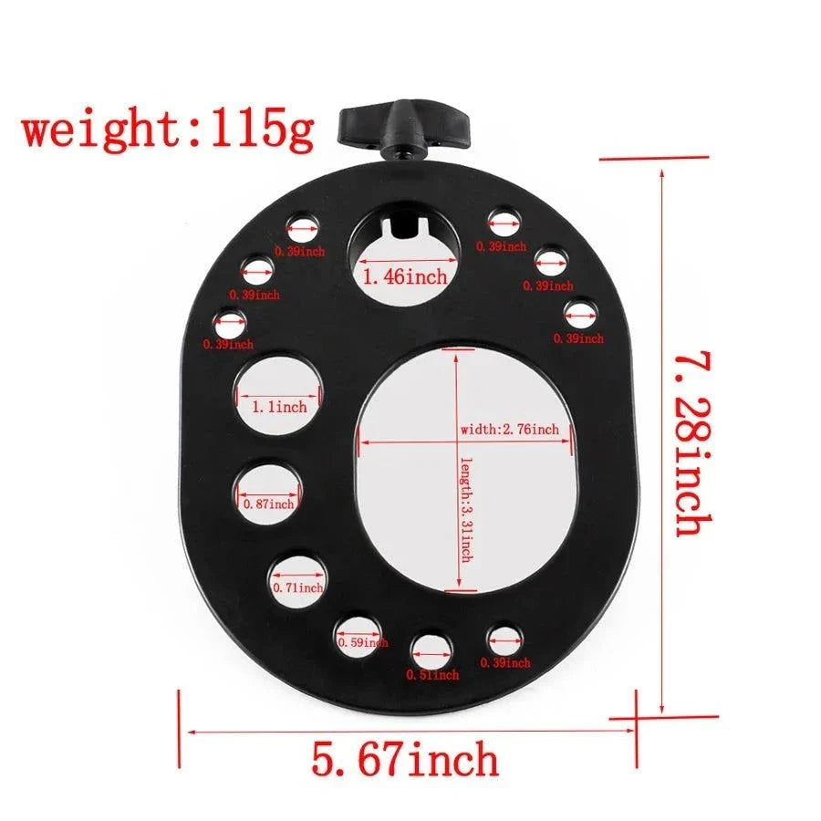 Black multifunctional shelf with circular holes for tripod stand wig making tools, adjustable height, anti-slip pads, 7.28x5.67 inches.