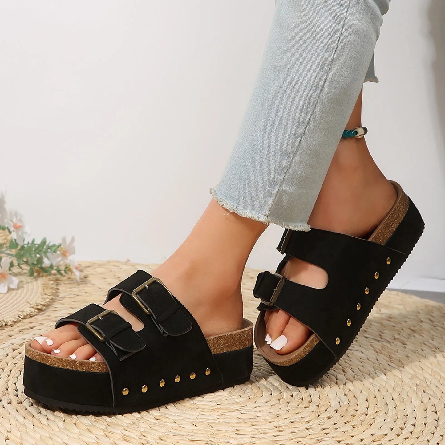women's black outdoor slippers with buckle straps and platform soles