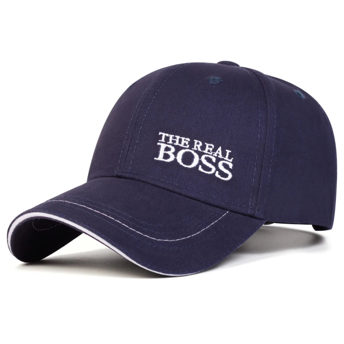 Men's summer baseball cap navy blue with "THE REAL BOSS" embroidery, lightweight and stylish for casual wear