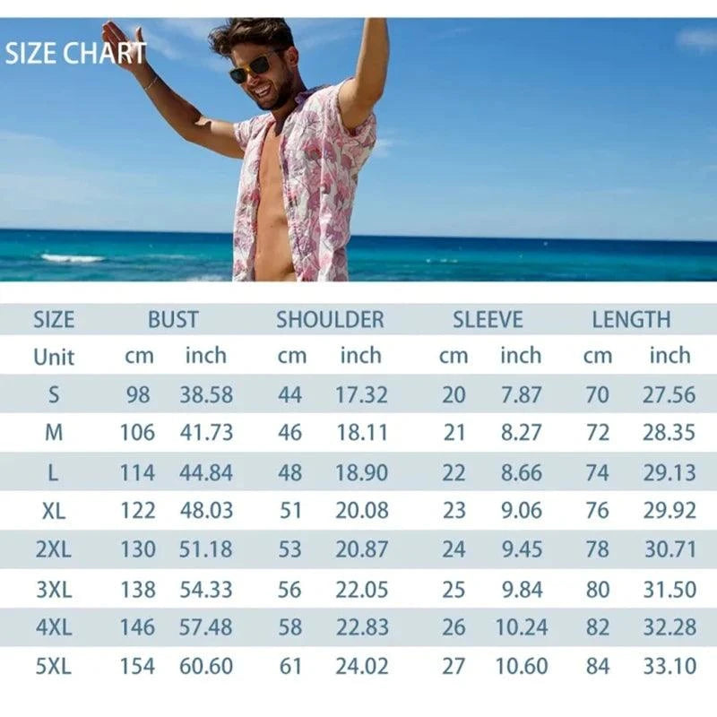Men's lapel button-down short-sleeve shirt size chart with bust, shoulder, sleeve, and length measurements