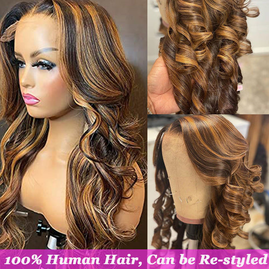 Highlight body wave lace front wig with natural hairline and golden highlights, 100% human hair for women.