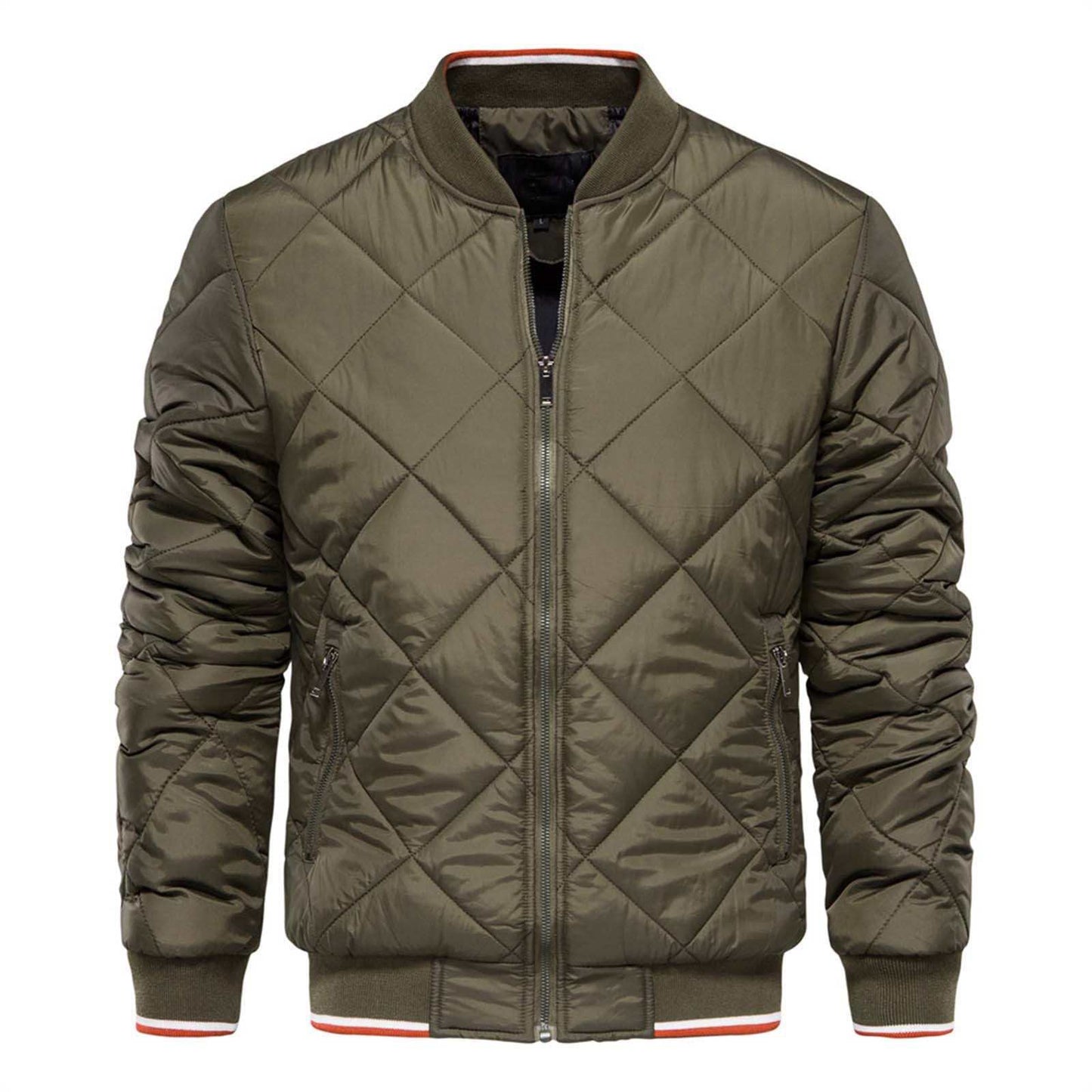 Men's stand collar quilted warm casual jacket with zip front and ribbed cuffs