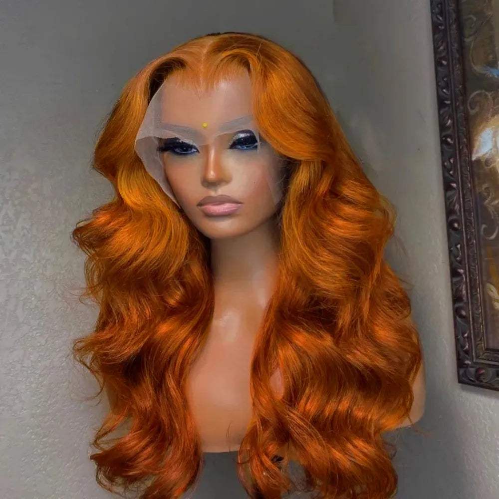 30 inch ginger orange body wave human hair Brazilian lace front wig for women