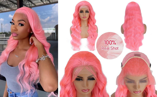Lace front human hair wig in vibrant pink with natural wave and transparent lace front for seamless hairline