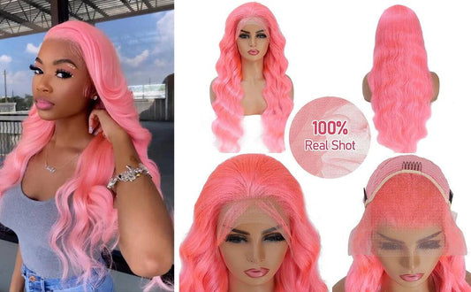 Lace front human hair wig in vibrant pink with natural wave and transparent lace front for seamless hairline