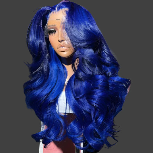 Body wave colored Brazilian human hair wig in vibrant blue with voluminous waves