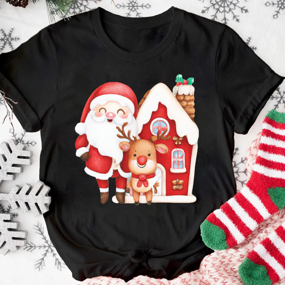 Women's Vintage Christmas T-Shirt with Santa, reindeer, and gingerbread house design on black fabric