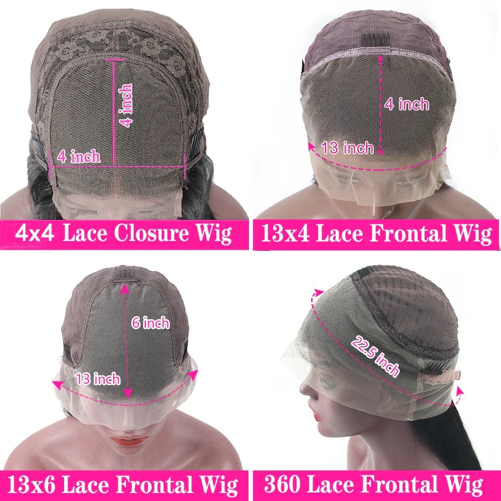 Close-up views of 4x4, 13x4, 13x6, and 360 lace frontal wigs showing measurements for highlight body wave lace front wig caps