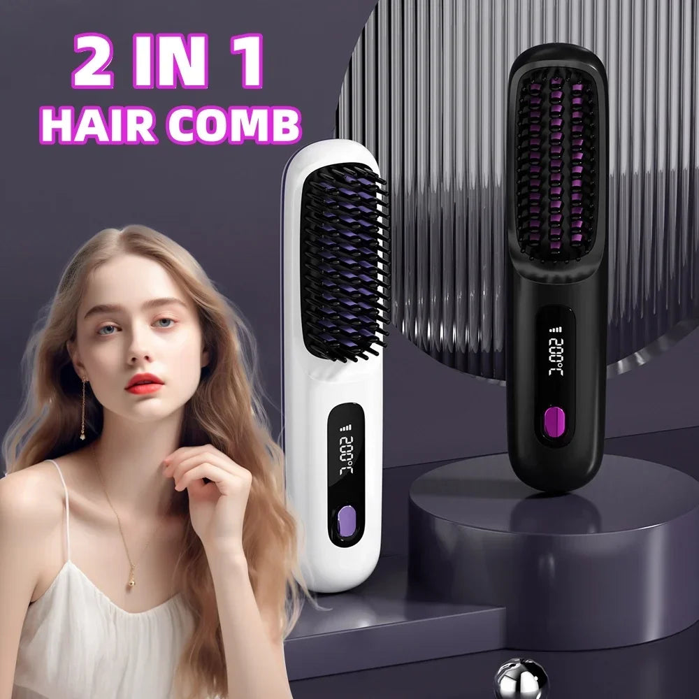 Electric Professional Negative Ion Hair Straightener Brush 2 In 1 Curling Comb Hair Curling Tool Straight Brush USB Charging