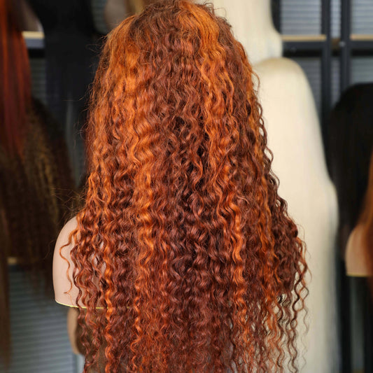 Women's Water Wave Lace Front Human Hair Wig in brown ginger orange with curly texture and 13x6 lace frontal