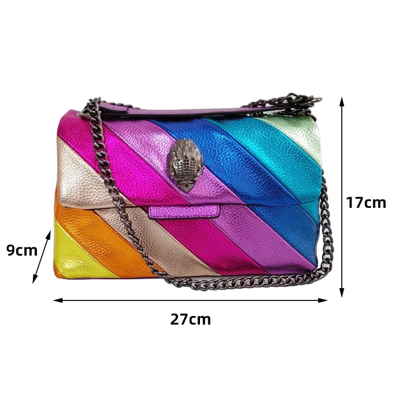 Colorful leather women's crossbody bag with chain strap, 27x17x9cm compact size