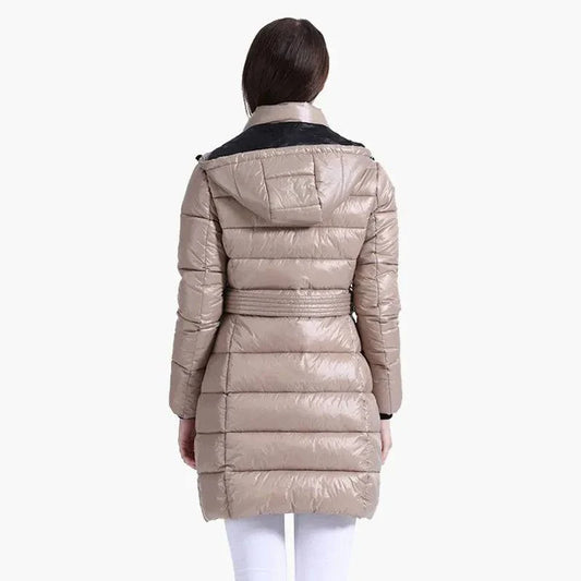 Women wearing beige winter windproof warm jacket with hood, back view