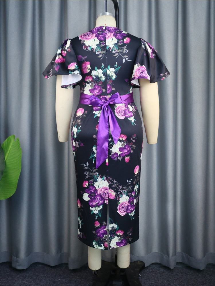 Women's Vintage Print Bodycon Dresses Elegant O Neck Ruffle Short Sleeves Midi Dress with Belt Summer Female Party Club Clothes - Misthere K.