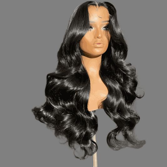 13x4 transparent lace frontal human hair wig with loose waves on mannequin head