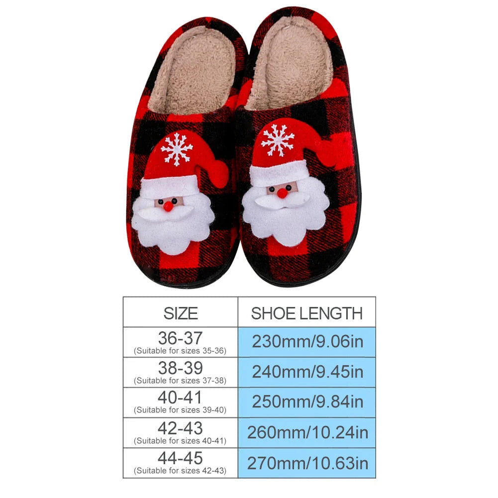 Christmas indoor slippers with Santa Claus design, plaid pattern, closed toe, and plush warm lining.