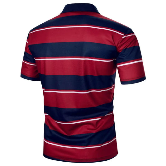 Men's short sleeve polo shirt with red and navy blue horizontal stripes, back view