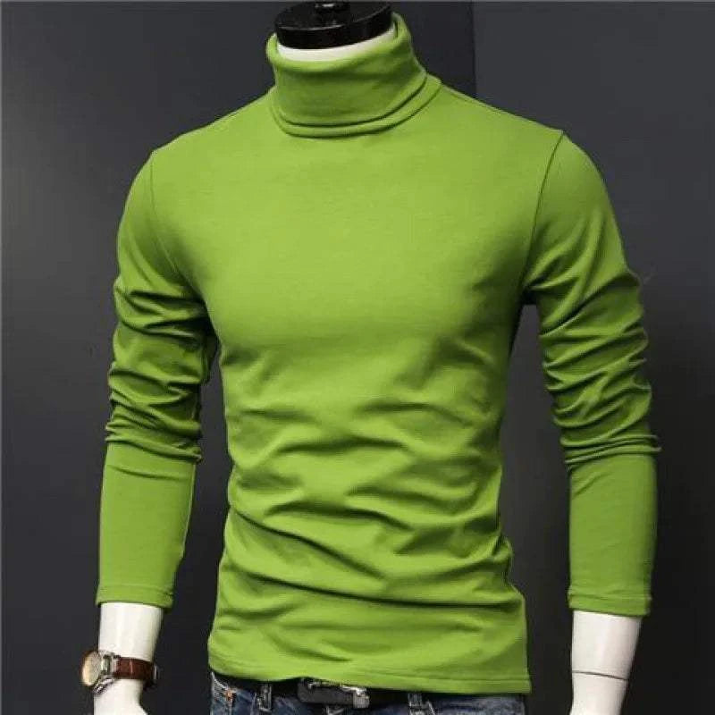 Men's long sleeve mock turtleneck in green fitted silhouette with high neck and medium length sleeves