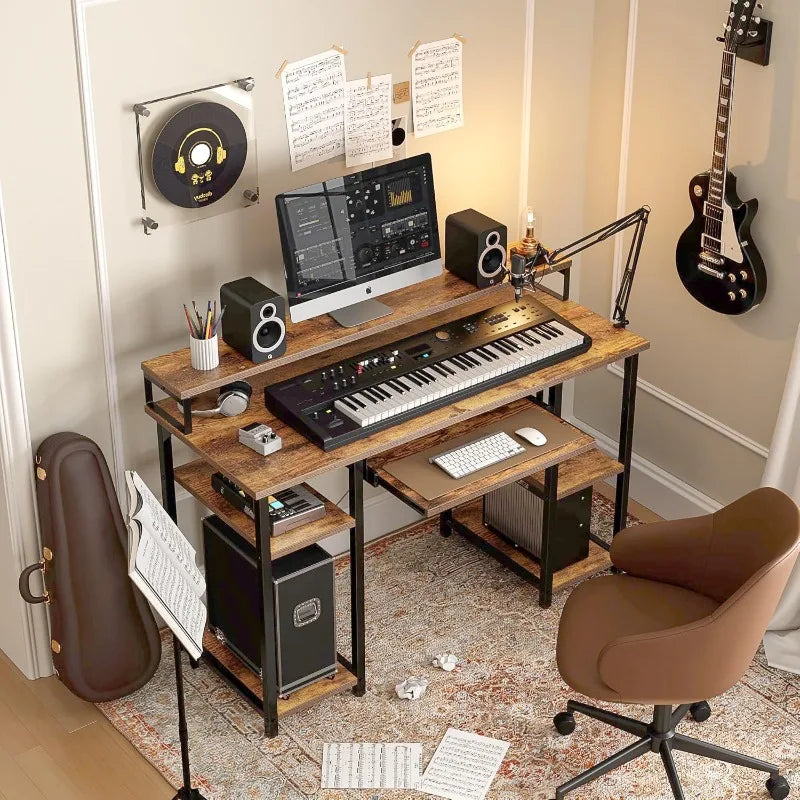 Computer Desk with Keyboard Tray, 47 Inch Office Monitor Stand and Storage Shelves, Music Studio Workstation, Work Table