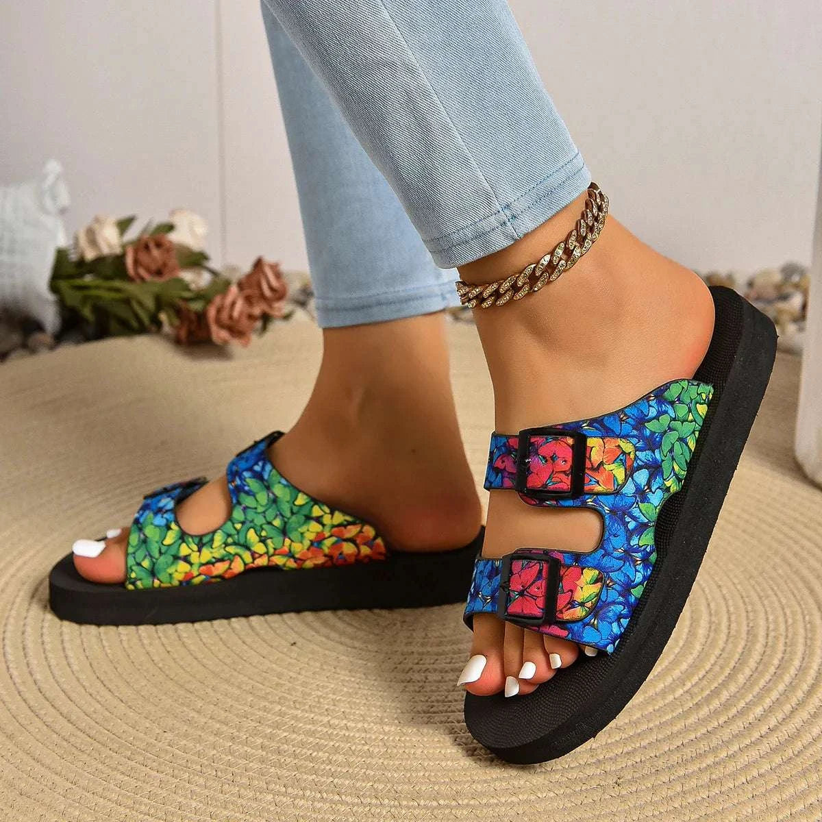Colorful women's summer luxury anti-slip flat sandals with adjustable straps on feet