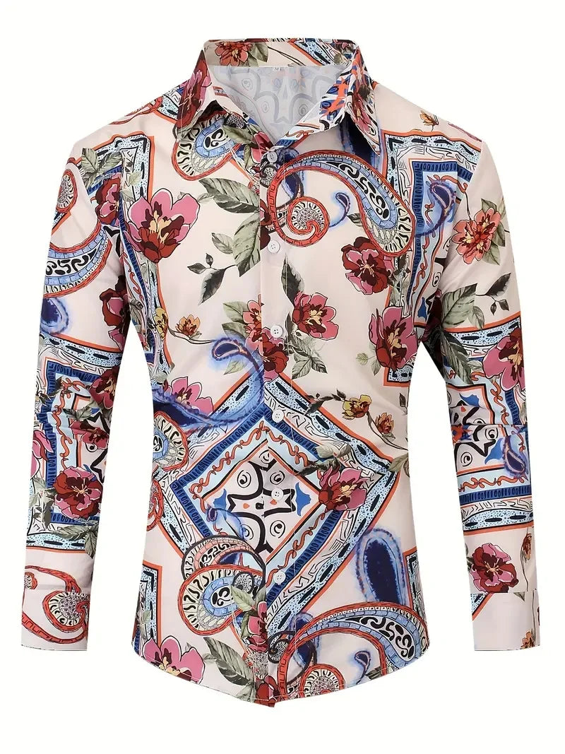 Men's lapel long sleeve shirt with colorful floral and paisley pattern