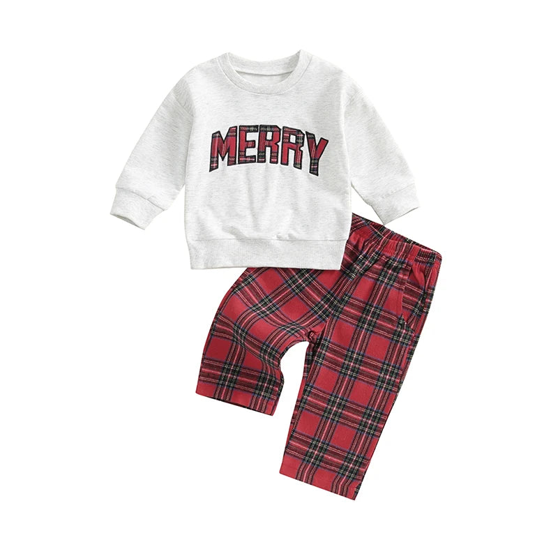 2024-06-13 Lioraitiin 6M-4Y Boys Girls Christmas 2PCS Outfit Sets Long Sleeve O Neck Letter Embroidery Tops Plaid Pants Sets