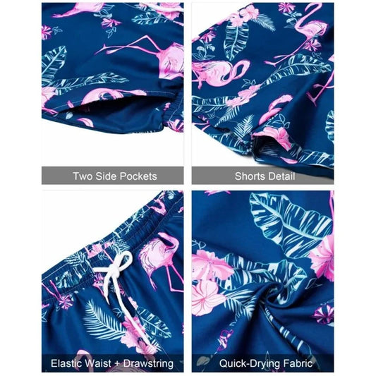 Men's lapel button-down shirt with short sleeves, featuring tropical flamingo print, two side pockets, elastic waist with drawstring, and quick-drying fabric.