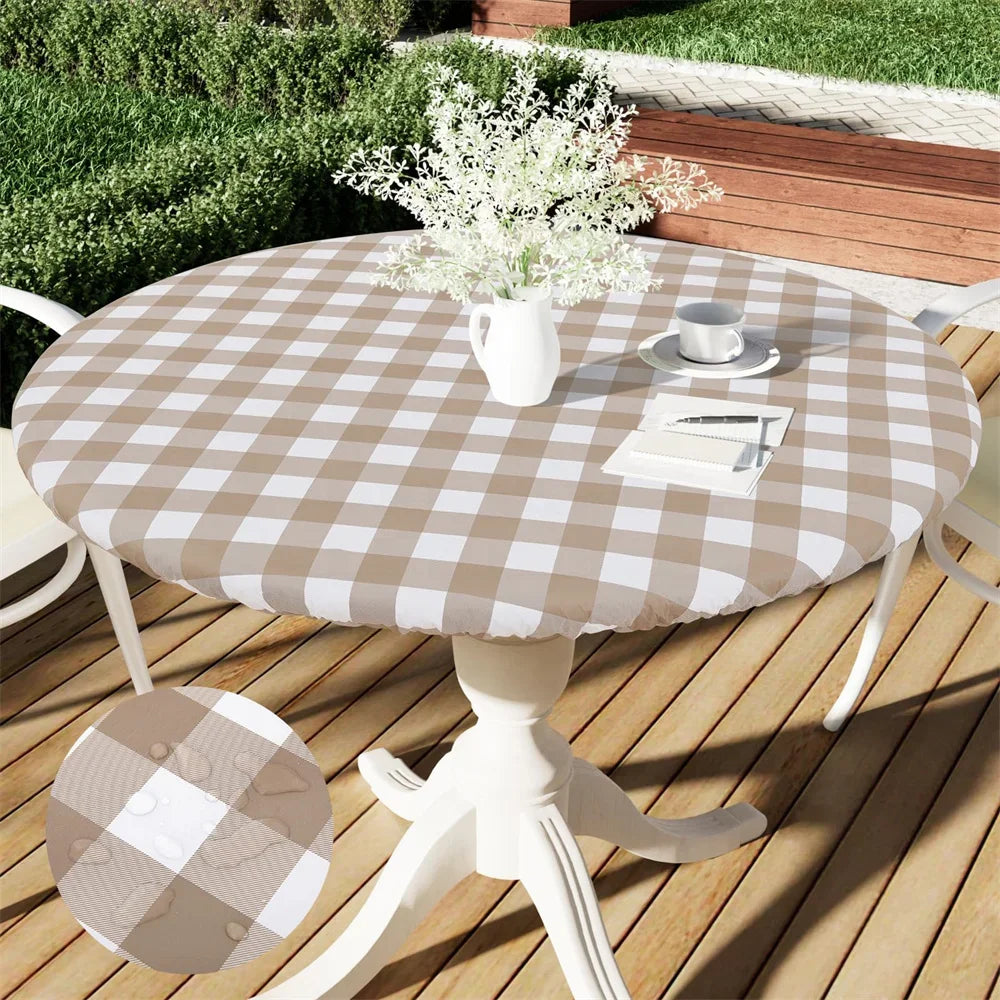 Olanly Round Table Cover Fitted Vinyl Tablecloth Elastic Waterproof Dining Table Cloth Home Decor For Picnic Camping Outdoor