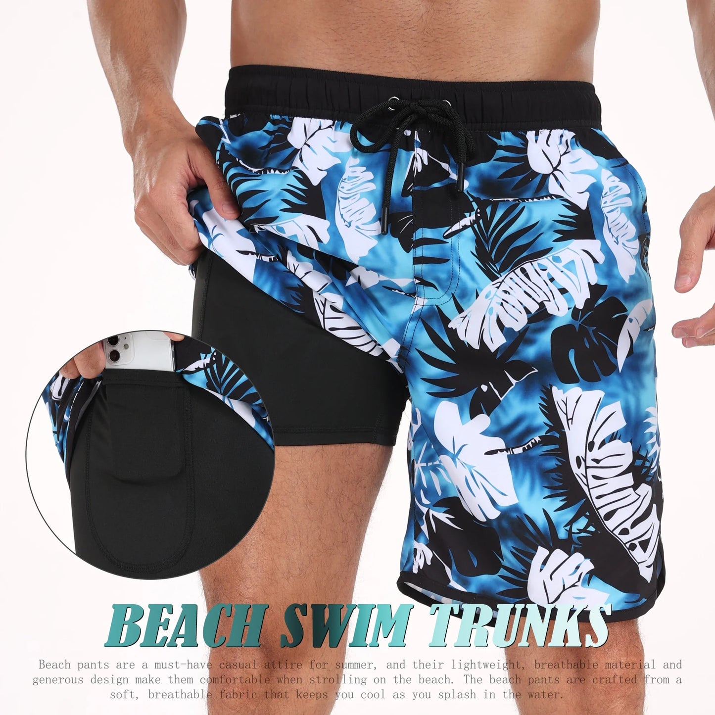 Men's summer beach short pants with blue and white tropical leaf print, elastic waistband, and inner black lining, designed for comfort and casual wear.