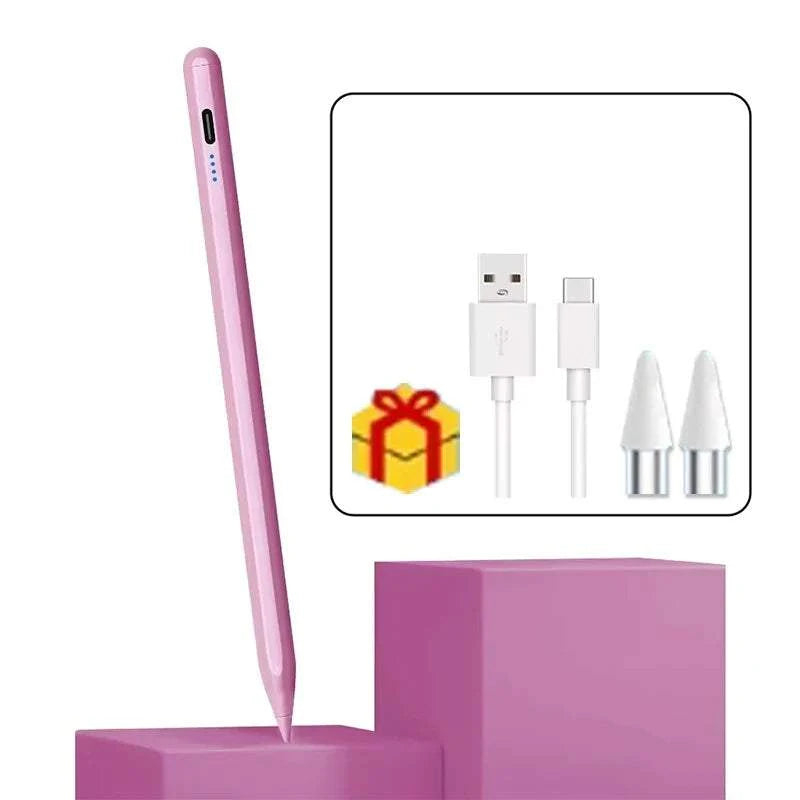 Pink Universal Stylus Pen for Apple Pencil with USB charging cable and replacement tips on purple blocks