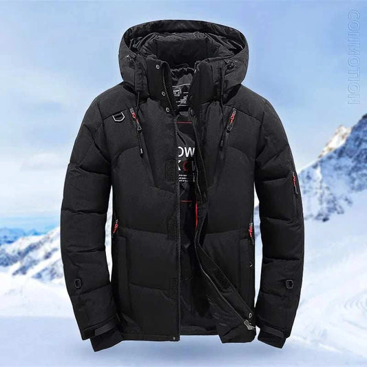 Winter men's casual high quality warm black jacket with hood and zipper front