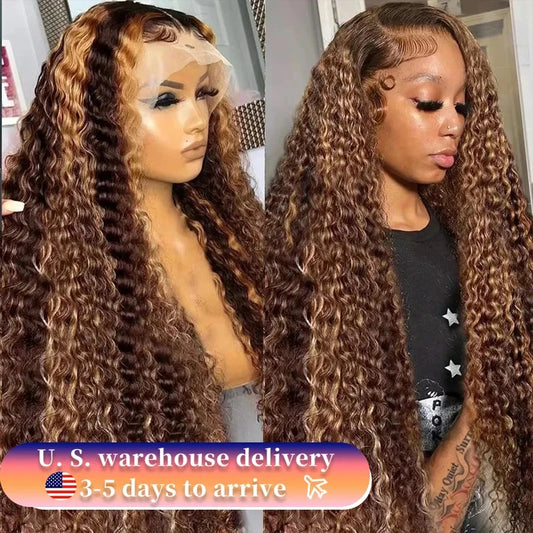 Wigs with curly brown highlight ombre human hair styled on mannequin and model