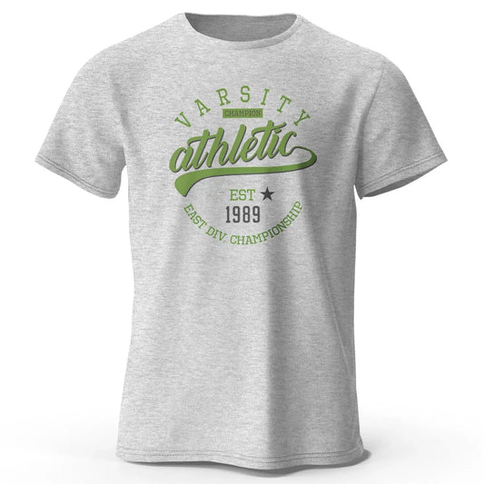 Men's and Women's 100% Cotton Vintage T-shirt grey with green varsity athletic print