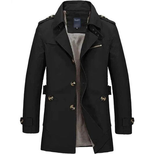 Men's Autumn and Winter casual warm black coat jacket with button and zipper detailing, checkered inner lining, and shoulder epaulets