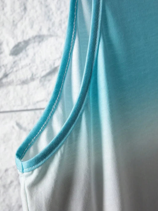 Men's Summer Tank Top close-up showing blue and white gradient fabric and shoulder seam detail