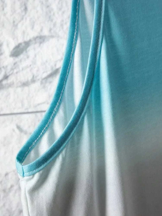 Men's Summer Tank Top close-up showing blue and white gradient fabric and shoulder seam detail