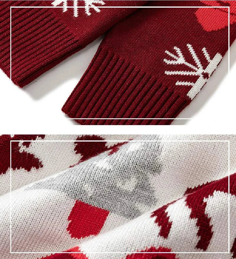 Close-up details of red and white Christmas kids pullover featuring snowflake and holiday patterns.