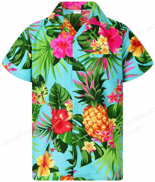 Men's tropical Hawaiian shirt with bright floral and pineapple pattern on light blue background