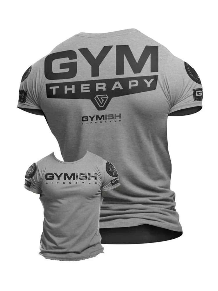 Men's Summer Fitness T-shirt gray with GYM THERAPY print, workout and casual style
