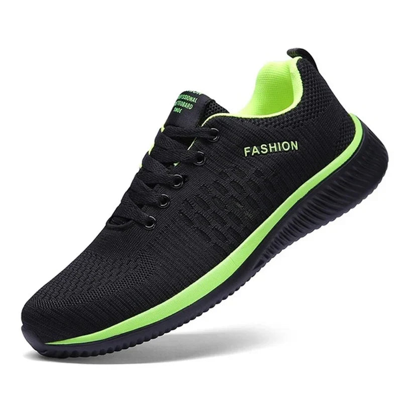 Lightweight men's walking sneaker in black and neon green with breathable mesh and flexible sole