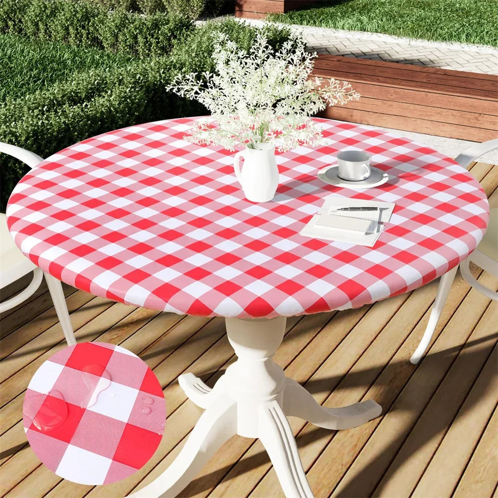 Olanly Round Table Cover Fitted Vinyl Tablecloth Elastic Waterproof Dining Table Cloth Home Decor For Picnic Camping Outdoor