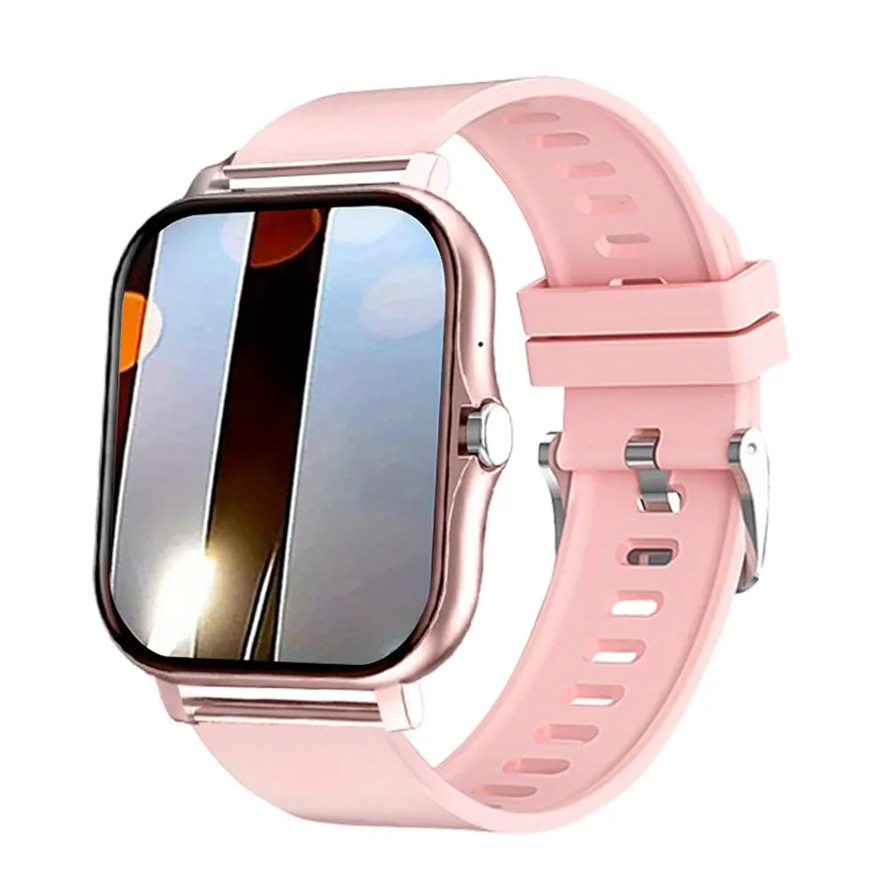 Women's men smartwatches with pink strap and rectangular touchscreen for Android phones