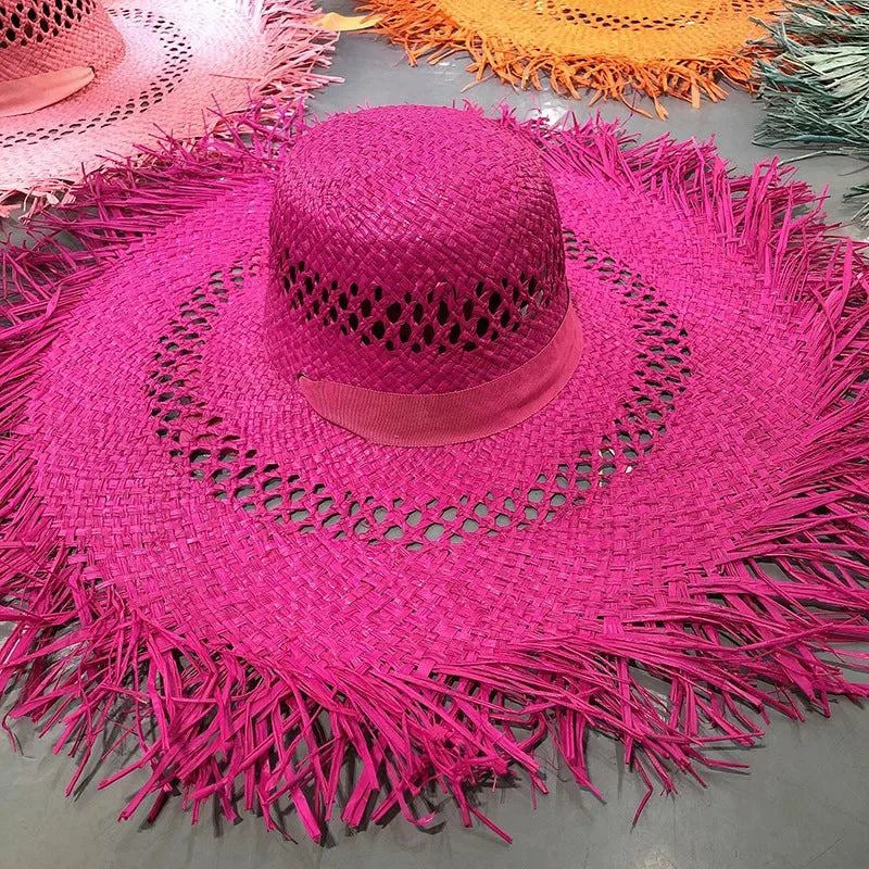 Bright pink summer straw hat with wide brim for women matching beach bags accessory