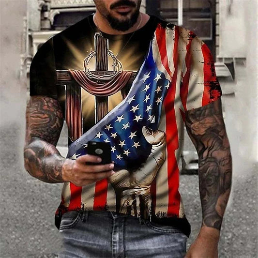 USA American Flag short sleeve men's summer t-shirt with patriotic design and cross graphic