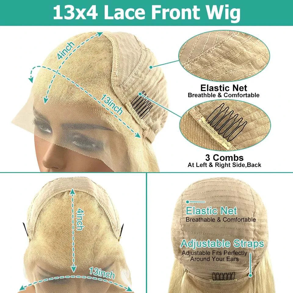 Body Wave Lace Frontal Wig 13x4 lace front human hair wig with elastic net, adjustable straps, and 3 combs for secure fit