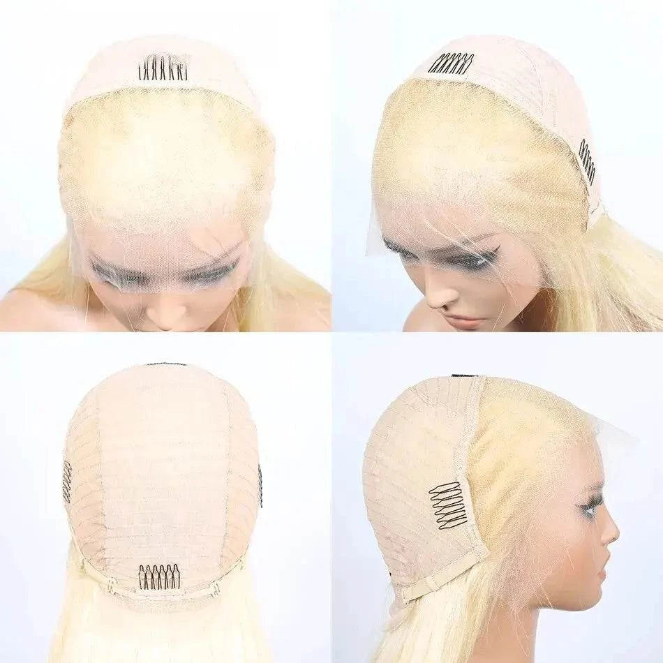 Straight Bob T Part lace front human hair wig with honey blonde color and transparent lace