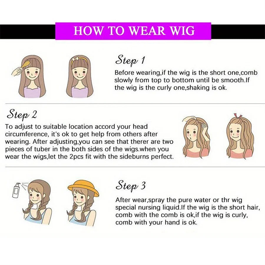 Illustrated step-by-step guide on how to wear Women’s Pixie Cut brown color human hair wig with styling tips and adjustment instructions