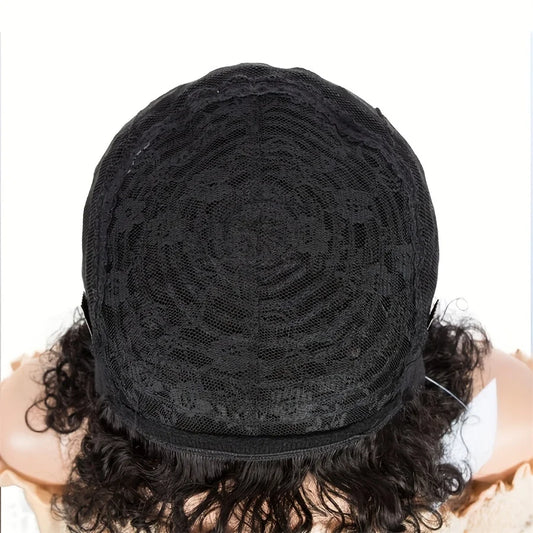 Women's pixie cut brown color human hair wig cap interior back view with lace and curly hair edges