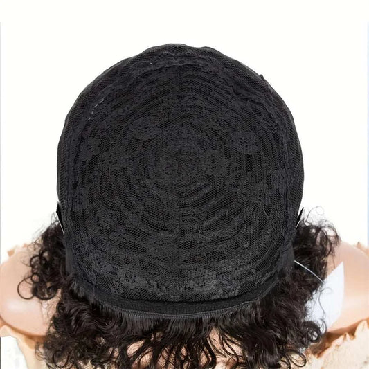Women's pixie cut brown color human hair wig cap interior back view with lace and curly hair edges